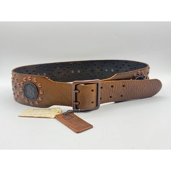 Vintage Leather Belt With Faux Coin and Studs Decor By Linea Pelle Boho Tan